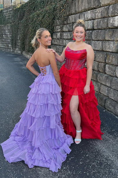 Ball Gown Strapless Royal Blue Ruffle Tiered Long Prom Dresses with Beadings VK25040101