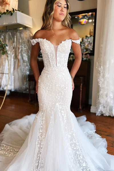 Mermaid White Lace Sweep Train Long Wedding Dress VK23101705