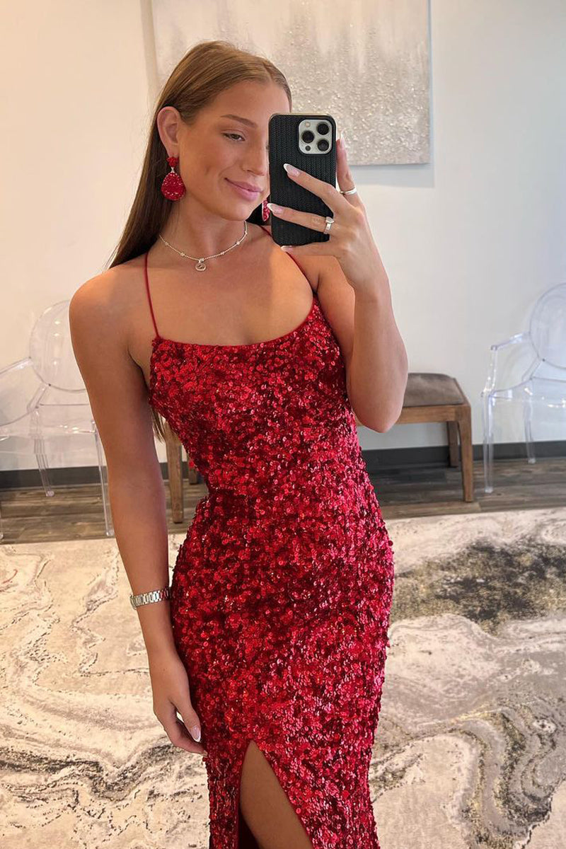 Red Sequin Scoop Neck Long Prom Dresses with Slit VK23111202 – Vickidress