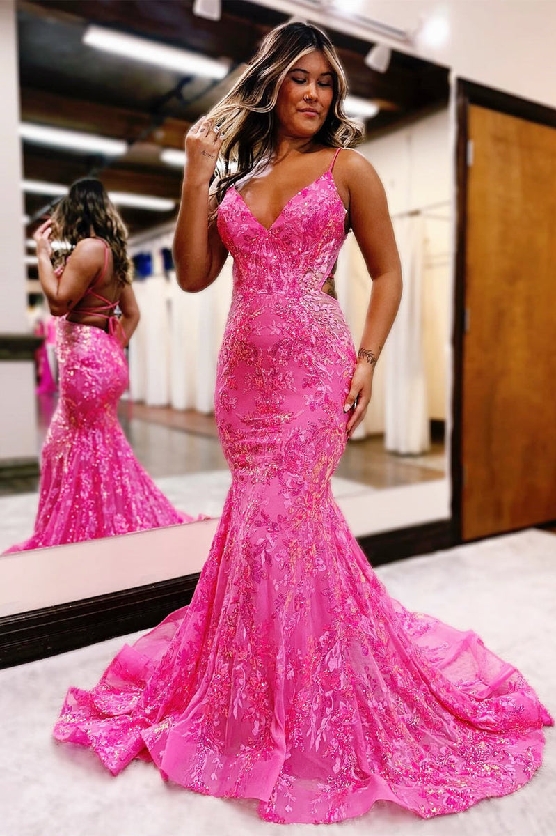 Mermaid Hot Pink Sequin Lace V-Neck Long Prom Dress VK23112109