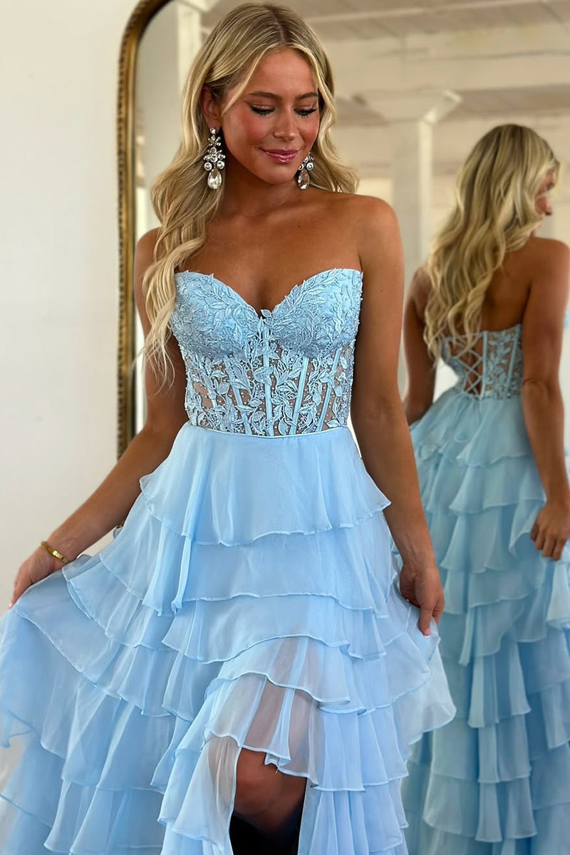 Slit A-Line Strapless Sweetheart Long Prom Dress with Ruffles and Appliques