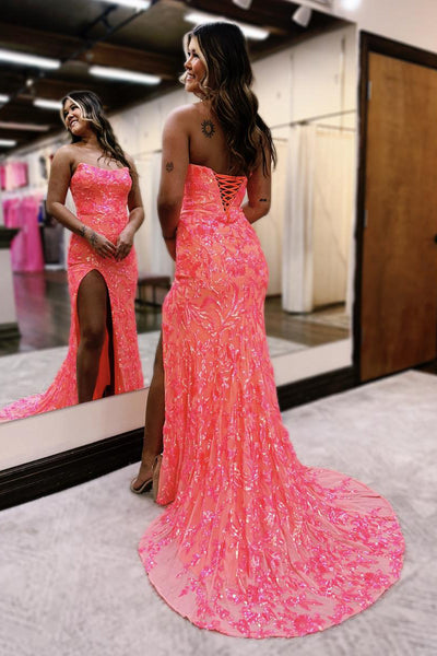 Fuchsia Strapless Sequins Lace Mermaid Prom Dresses with Slit VK24031801
