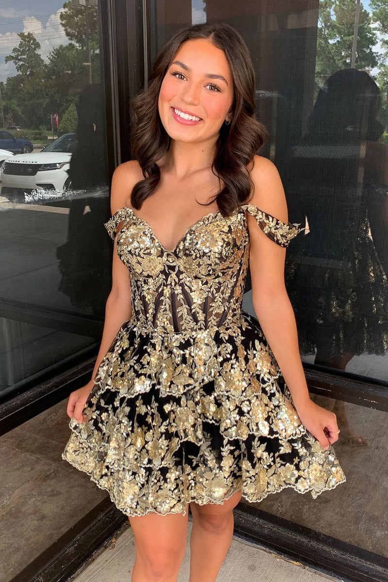 A-Line Off the Shoulder Black and Gold Sequins Lace Homecoming Dresses