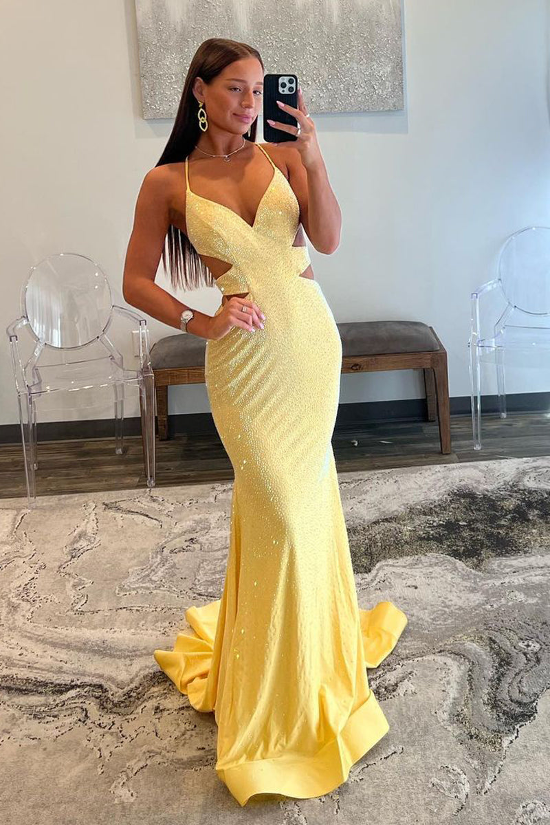 open lace back dress Zapaka Women Yellow Prom Dress Halter Mermaid Sleeveless Satin Long Evening Dress, Yellow / UK14 main image 1