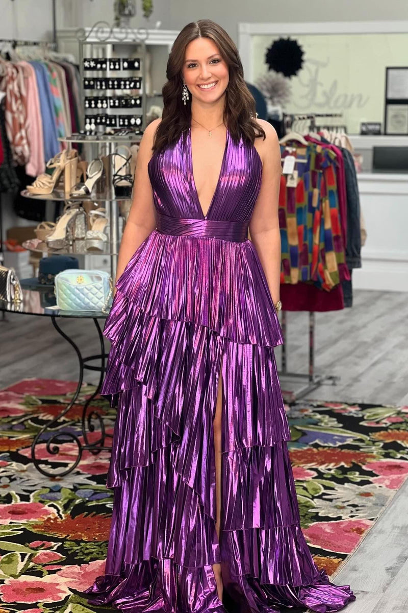 purple metallic dress Cute A Line V Neck Purple Metallice Tiered Satin Prom Dress With Slit –  Vickidress
