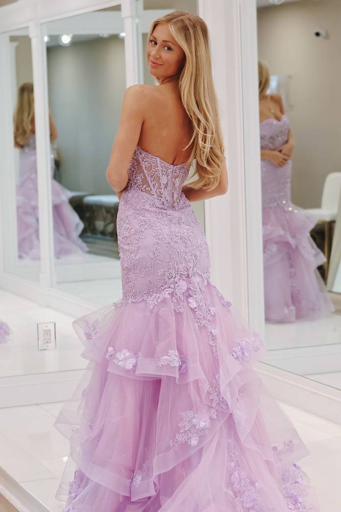 Enchanting Lavender Sequin Mermaid Evening Gown 3D Floral Appliques & Fur Accent Prom Dress DP8039 main image 1