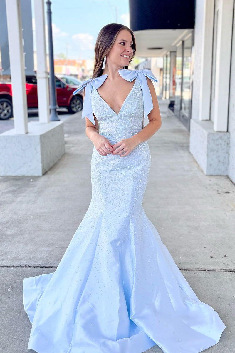 Charming Mermaid V Neck Light Blue Beading Satin Long Prom Dress with Vickidress Charming Mermaid V Neck Light Blue Beading Satin Long Prom Dress with Vickidress