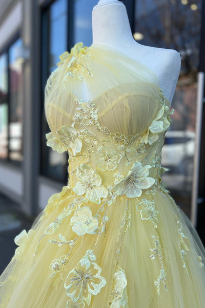 Gorgeous Ball Gown One Shoulder Daffodial Tulle Prom Dresses with Appliques