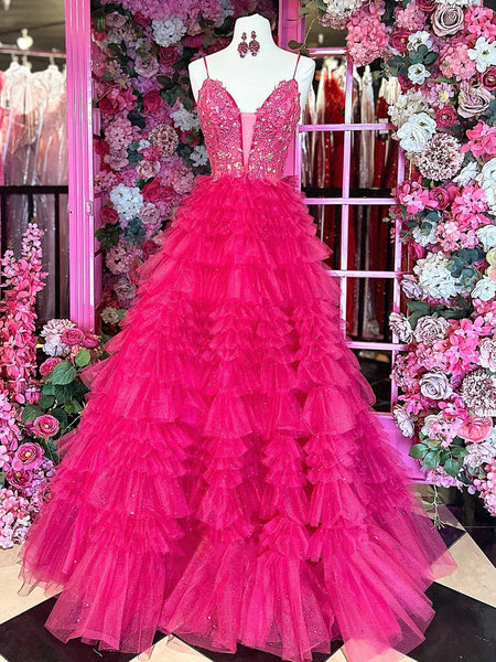 Cute A Line V Neck Fuchsia Tiered Ruffles Tulle Long Prom Dress with Appliques