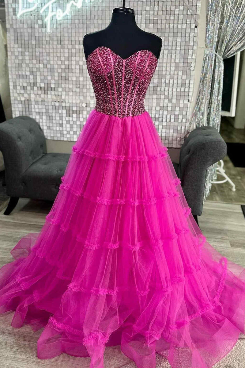 Ball Gown Fuchsia Sweetheart Tiered Tulle Prom Dresses with Appliques VK24010706