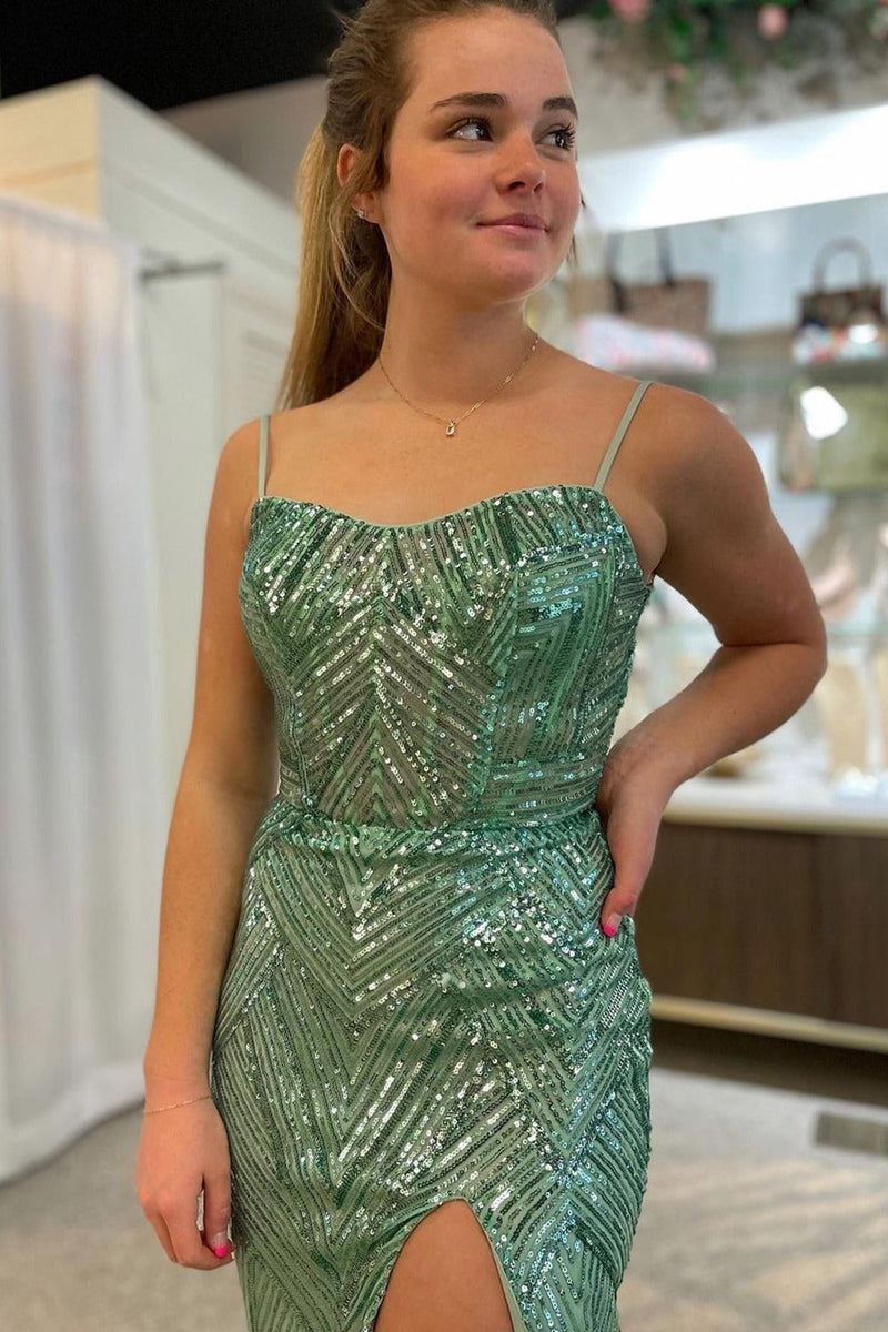 green emerald velvet dress Short Sage Green Sequin Homecoming Dress with Pockets– PromGirl main image 0