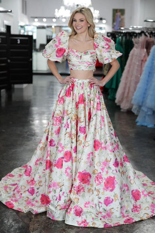 Cute A Line Two Piece Ruffled Sleeves Floral Printed Satin Long Prom Dress VK24021906