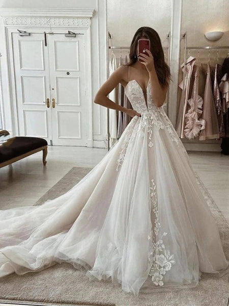 Deep V Neck Ivory Lace Prom Dresses with Sweep Train, Ivory Lace Formal Evening Wedding Dresses VK0608006