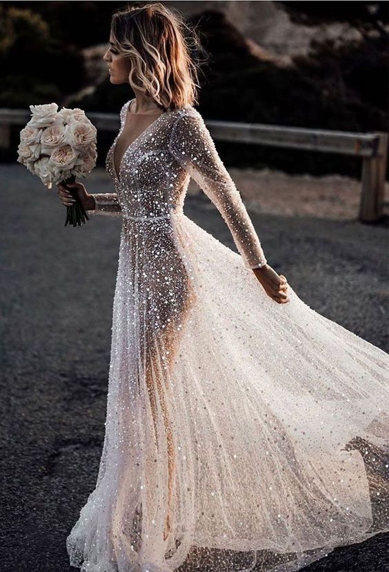 Free Shipping Sparkly A Line V Neck See-Through Sequins Wedding Dress with Long Sleeves VK22051601 Vickidress Free Shipping Sparkly A Line V Neck See-Through Sequins Wedding Dress with Long Sleeves VK22051601 Vickidress