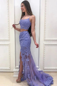 Elegant Two Pieces Mermaid Lilac Lace Slit Long Prom Dresses, Formal Dresses VK0128014