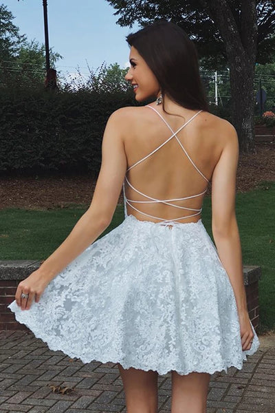 A Line Spaghetti Straps Lace Short Homecoming Dresses, Formal Short Prom Dresses VK0101010