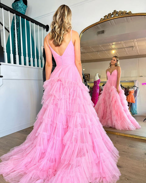 Cute A Line V Neck Pink Tulle Long Prom Dresses VK23020103