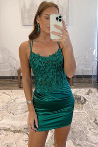 Emerald Green Straps Leaf Applqies Tight Homecoming Dress VK23081401
