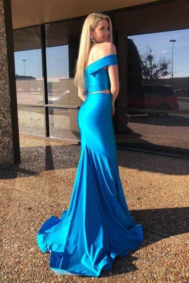 Sexy Blue Satin Two Pieces Off Should Long Mermaid Prom Dress Evening Dresses VK0213003