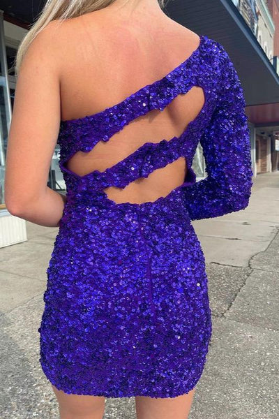 Bodycon One Shoulder Purple Sequins Long Sleeve Short Tight Homecoming Dresses VK080905