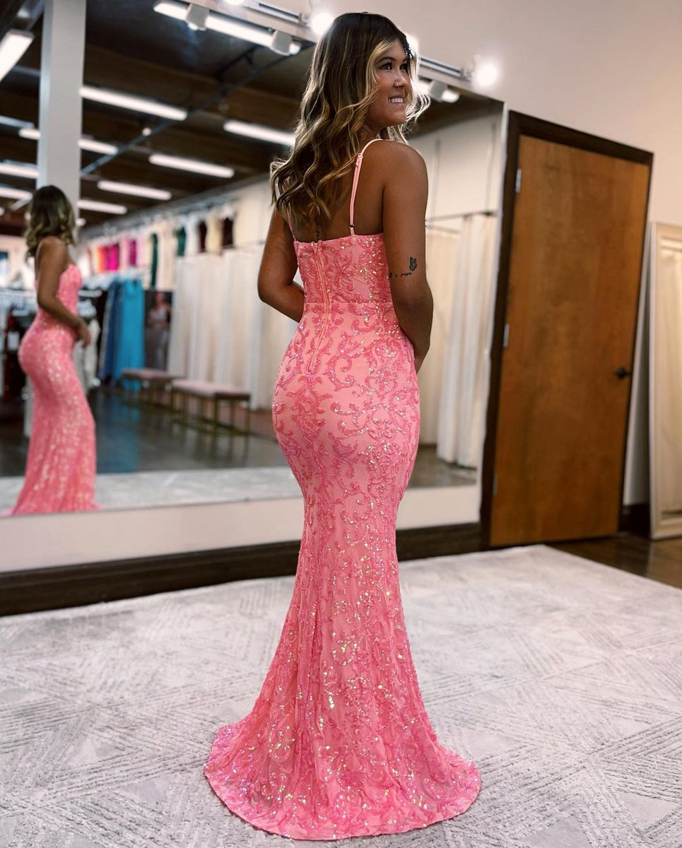 Charming Mermaid Straps Coral Sequins Lace Long Prom Dresses VK10301   Vickidress