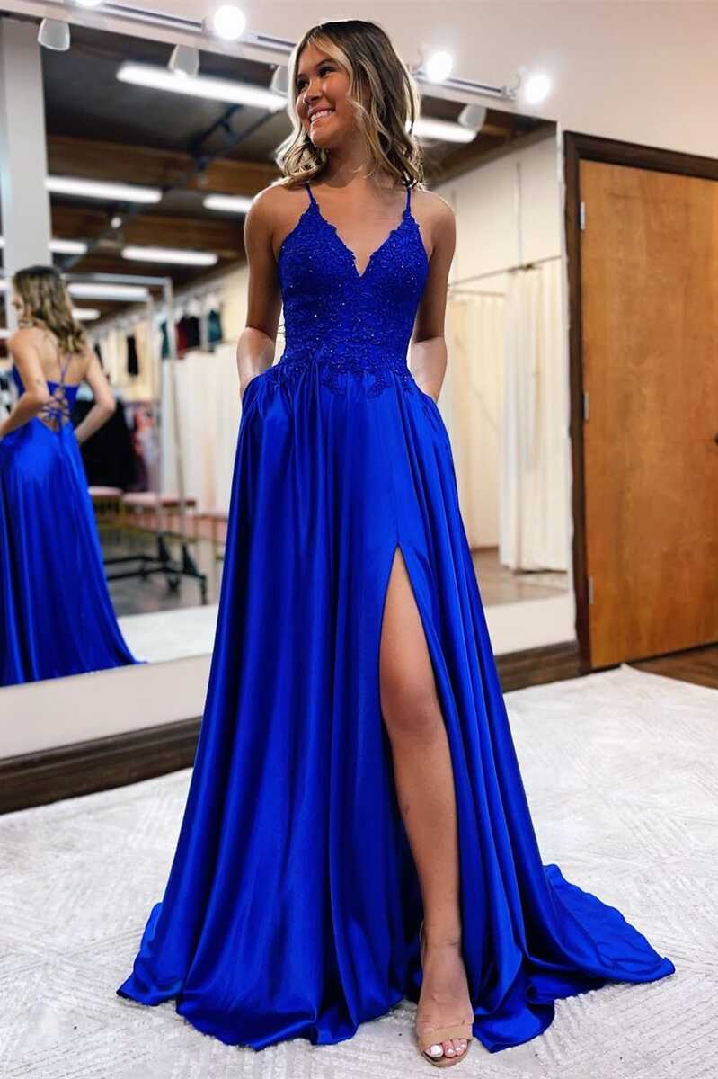 Cute A Line V Neck Royal Blue Satin Long Prom Dresses with Slit VK112601 Vickidress Cute A Line V Neck Royal Blue Satin Long Prom Dresses with Slit VK112601 Vickidress
