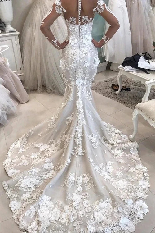 mermaid wedding dress with long train Free Shipping Mermaid Detachable Train Long Sleeves Scoop Wedding Dresses  With Applique VK0623001 – Vickidress