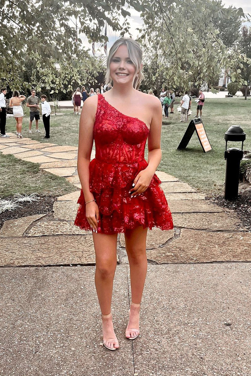 Red One Shoulder A-Line Sequin Lace Short Homecoming Dresses VK23101204 Vickidress Red One Shoulder A-Line Sequin Lace Short Homecoming Dresses VK23101204 Vickidress