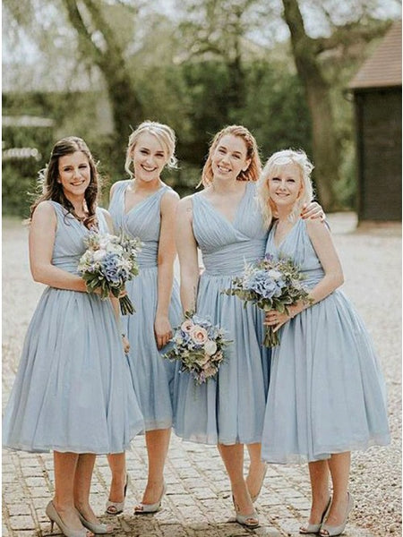 Chic V-neck Sleeveless Ruched Tea-Length Blue Bridesmaid Dress VK0101032