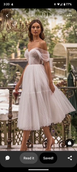 A Line Sweetheart White Tulle Tea Length Dresses with Removable Off the Shoulder Sleeves VKCD05