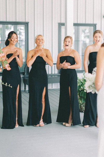 Black Strapless Long Bridesmaid Dresses with Slit VK23112503