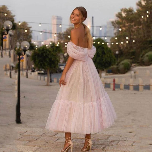 A Line Sweetheart White Tulle Tea Length Dresses with Removable Off the Shoulder Sleeves VKCD05