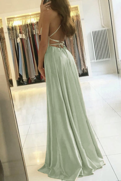 A Line Scoop Neck Sage Green Satin Prom Dress with Pockets for 2022 VK22020707