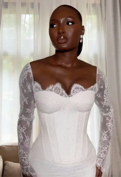 White Mermaid Wedding Dress Elegant African Lace Long Sleeves Bridal Gown