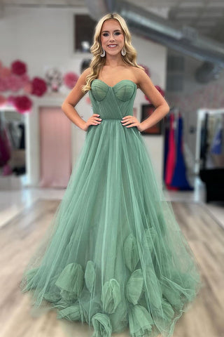Green Strapless A-Line Tulle Long Prom Dresses VK24032502