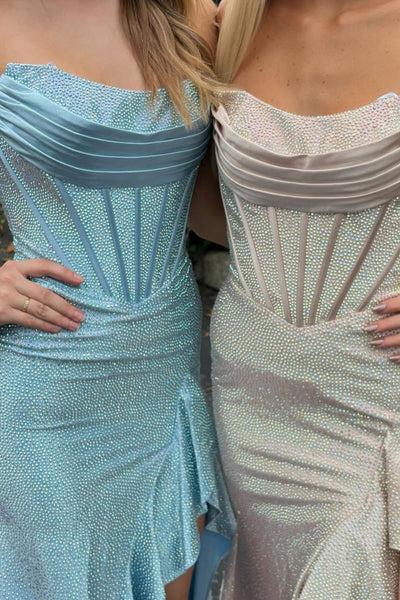 Hot Sale Sparkly Mermaid Scoop Neck Hot Stone Beading Prom Dress with Dramatic Ruffles