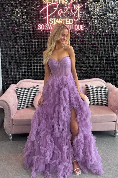 Cute A Line Sweetheart Purple Tulle Prom Dress with Slit VK26031108