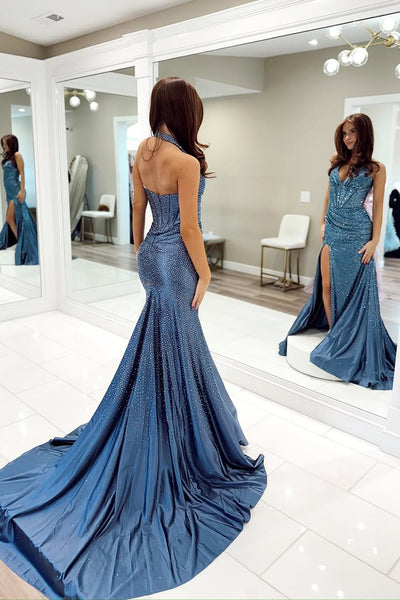 Mermaid Halter Navy Satin Beads Long Prom Dresses with Slit VK25031108