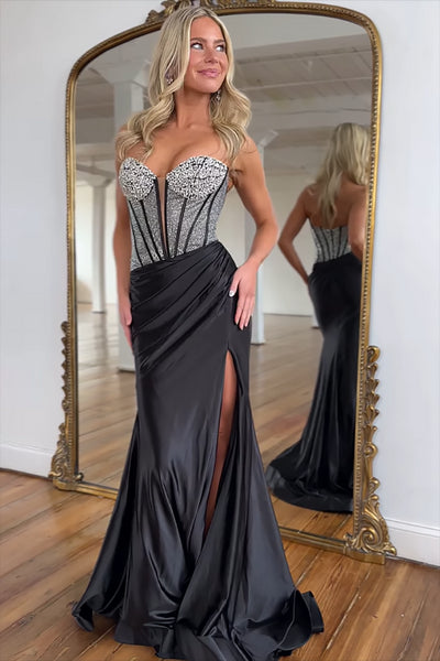 Fuchsia Sweetheart Beadings Mermaid Long Satin Prom Dress with Slit VK022505