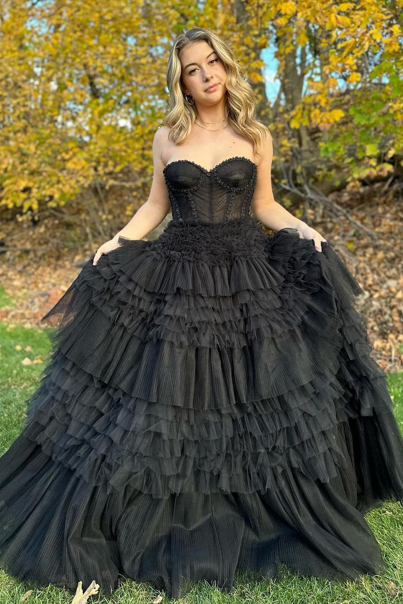 Black Sweetheart Tiered Tulle Long Prom Dresses VK23120201