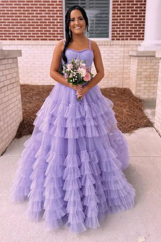 Lilac Sweetheart Ruffle Tulle A-Line Long Prom Dresses with Beading VK24040803