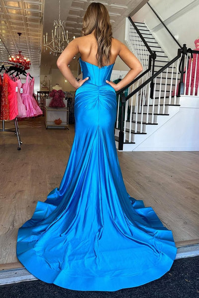 Stylish Mermaid Sweetheart Blue Corset Prom Dress with Split Front VK23123001