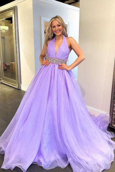 A-Line Halter Lilac Long Prom Dresses with Beadings VK24013003