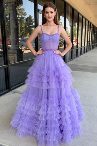 Lilac Sweetheart Ruffle Tulle A-Line Long Prom Dresses with Beading VK24041001