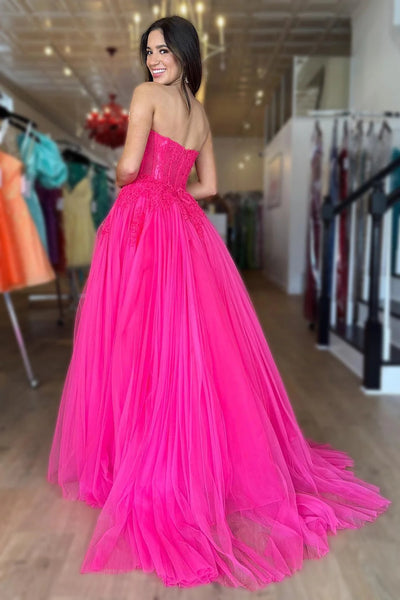 Hot Pink Tulle Sweetheart Long Prom Dresses VK23091004