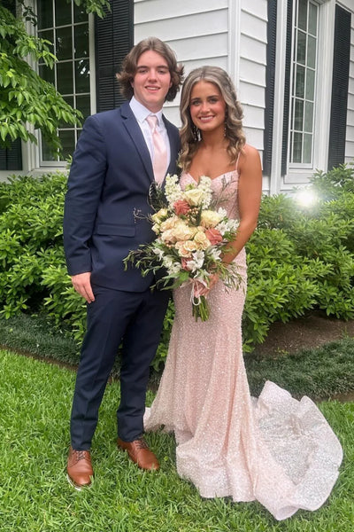 Sparkly Mermaid V Neck Blush Pink Sequins Long Prom Dress VK25053102