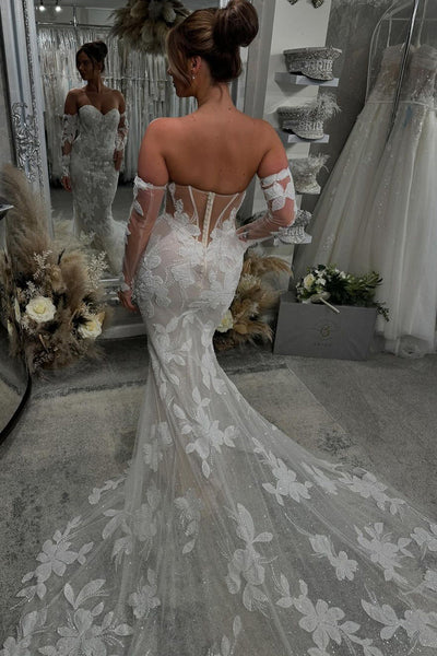 Fairy Mermaid V Neck Lace Tulle Long Wedding Dresses with Long Sleeves
