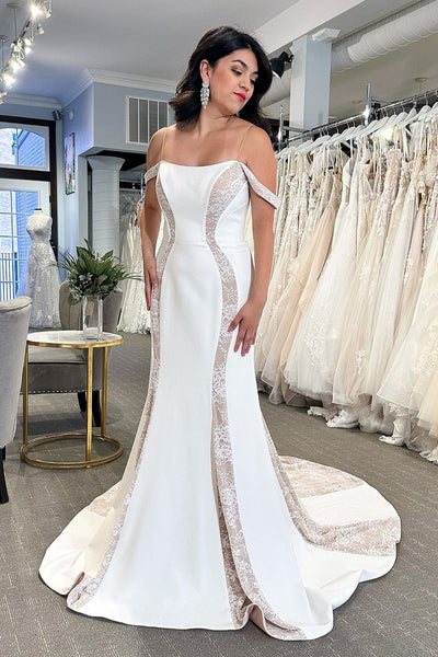 Simple Mermaid Cold Shoulder Satin Wedding Dresses with Lace VK24010506