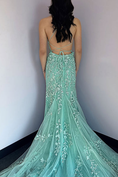 Mermaid Scoop Neck Mint Tulle Long Prom Dresses with Appliques VK25031804