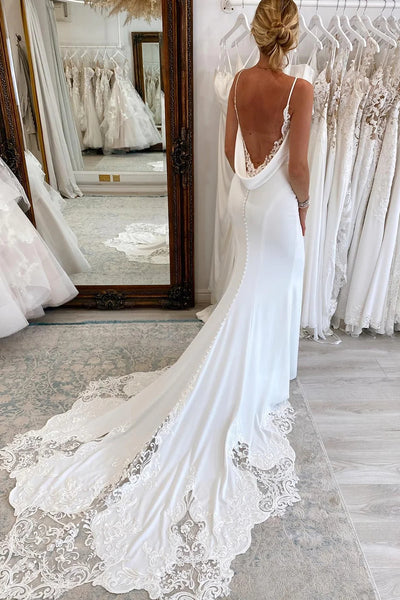 Charming Mermaid V Neck White Satin Wedding Dresses VK23082709